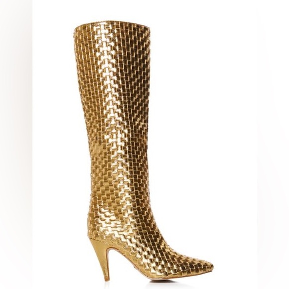 Azalea Wang Metallic Gold Woven Leather Knee High Boots - Picture 2 of 5